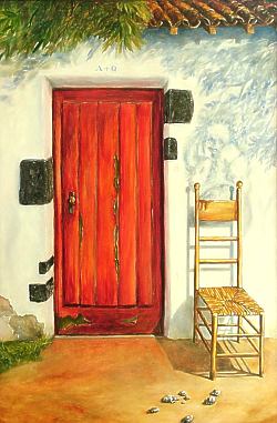 Helmut Toischer: Die rote T&uuml;r (&Ouml;l auf Holz)